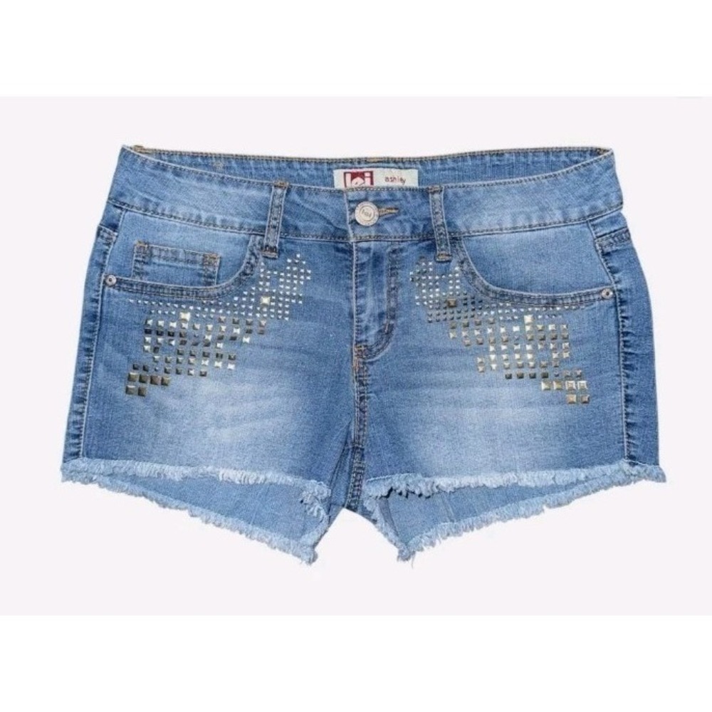 LEI Ashley Low Rise Denim Shorts Juniors Size 5 Blue Frayed Studded Y2K Cut Offs